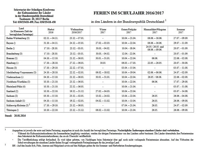 Ferien Deutschland 2016-2017