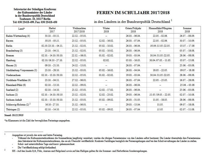 Ferien Deutschland 2017-2018